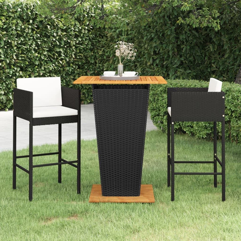 Vetonek Set muebles bar jardín 3 piezas y cojines ratán sintético negro