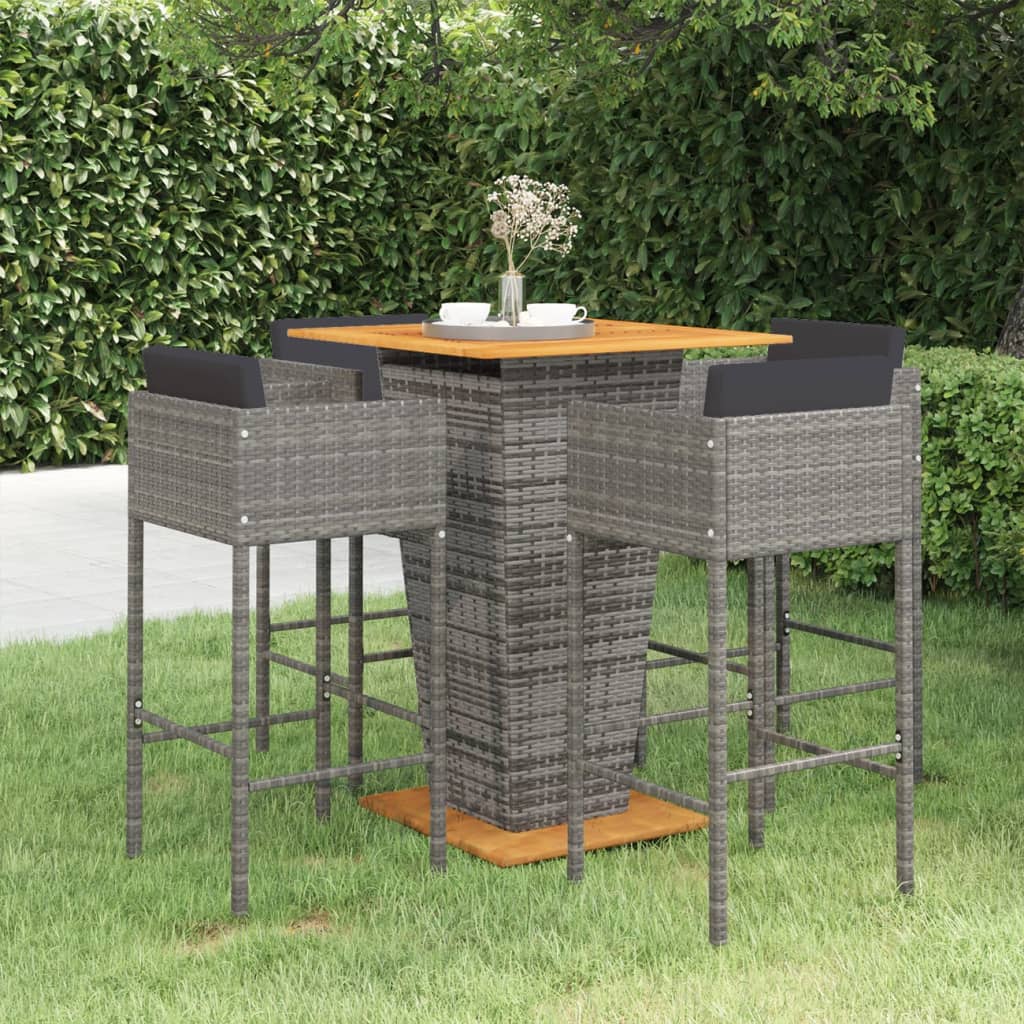 Vetonek Set muebles de bar jardín 5 pzas y cojines ratán sintético gris