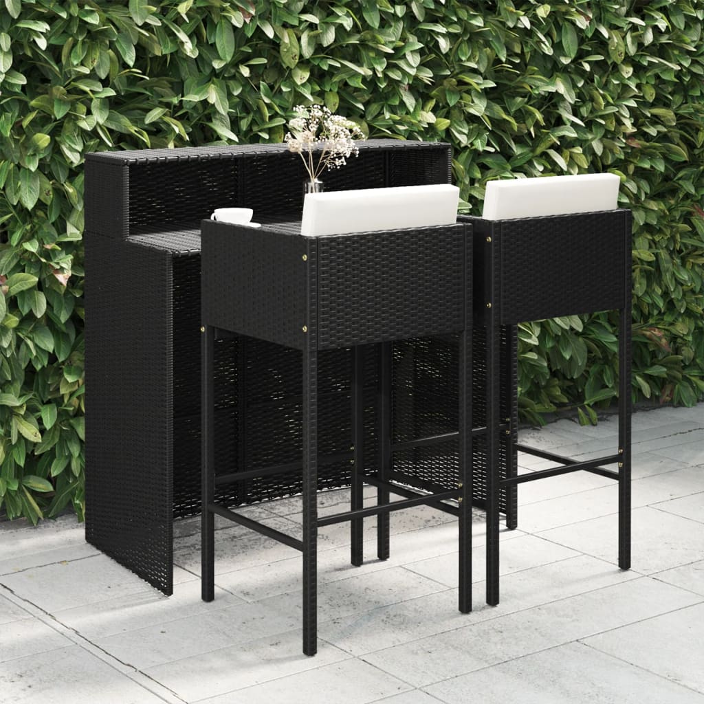 Vetonek Set muebles bar jardín 3 piezas y cojines ratán sintético negro