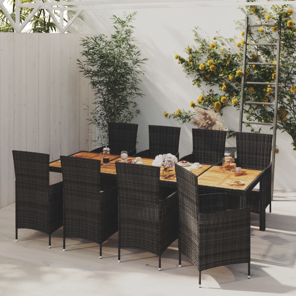 Vetonek Set comedor de jardín 9 piezas y cojines ratán sintético negro