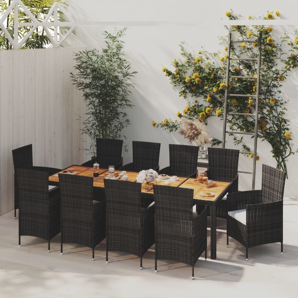 Vetonek Set comedor de jardín 11 piezas y cojines ratán sintético negro