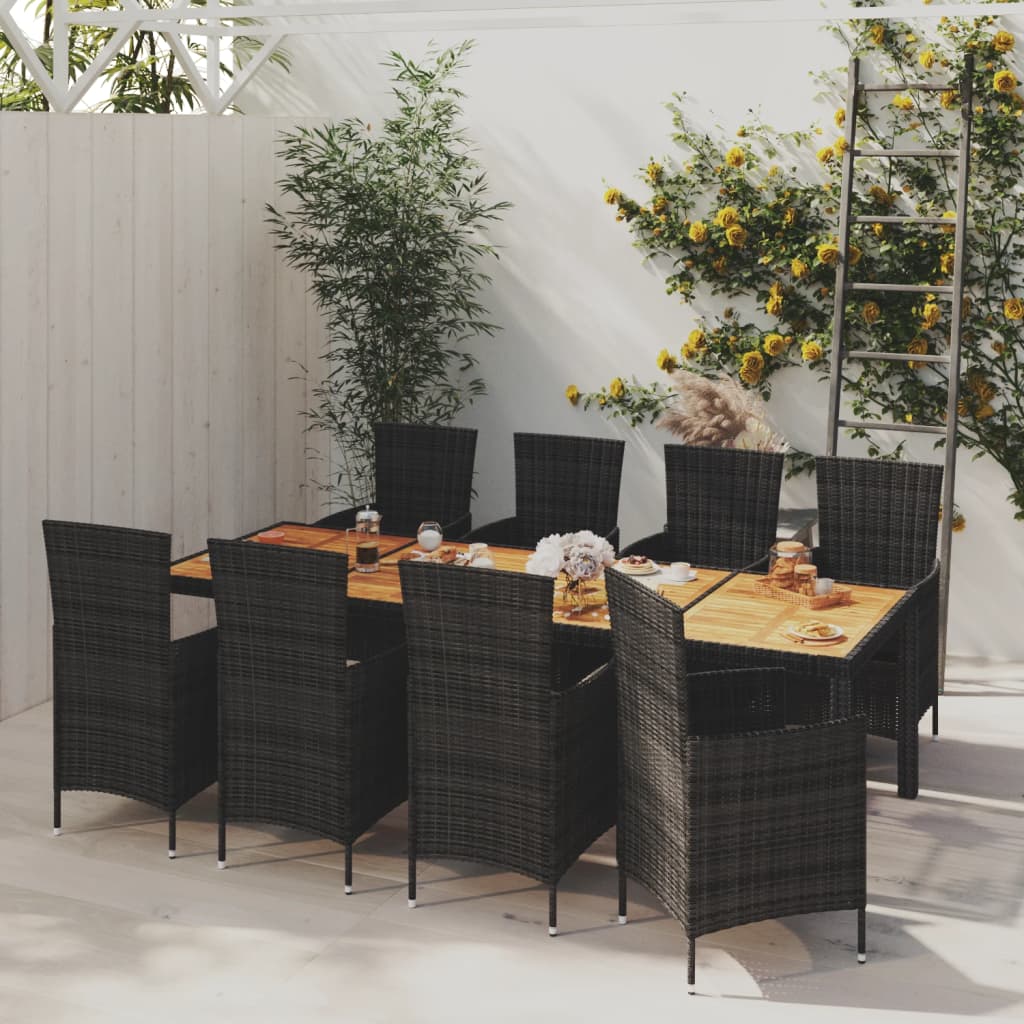 Vetonek Set comedor de jardín 9 piezas y cojines ratán sintético negro