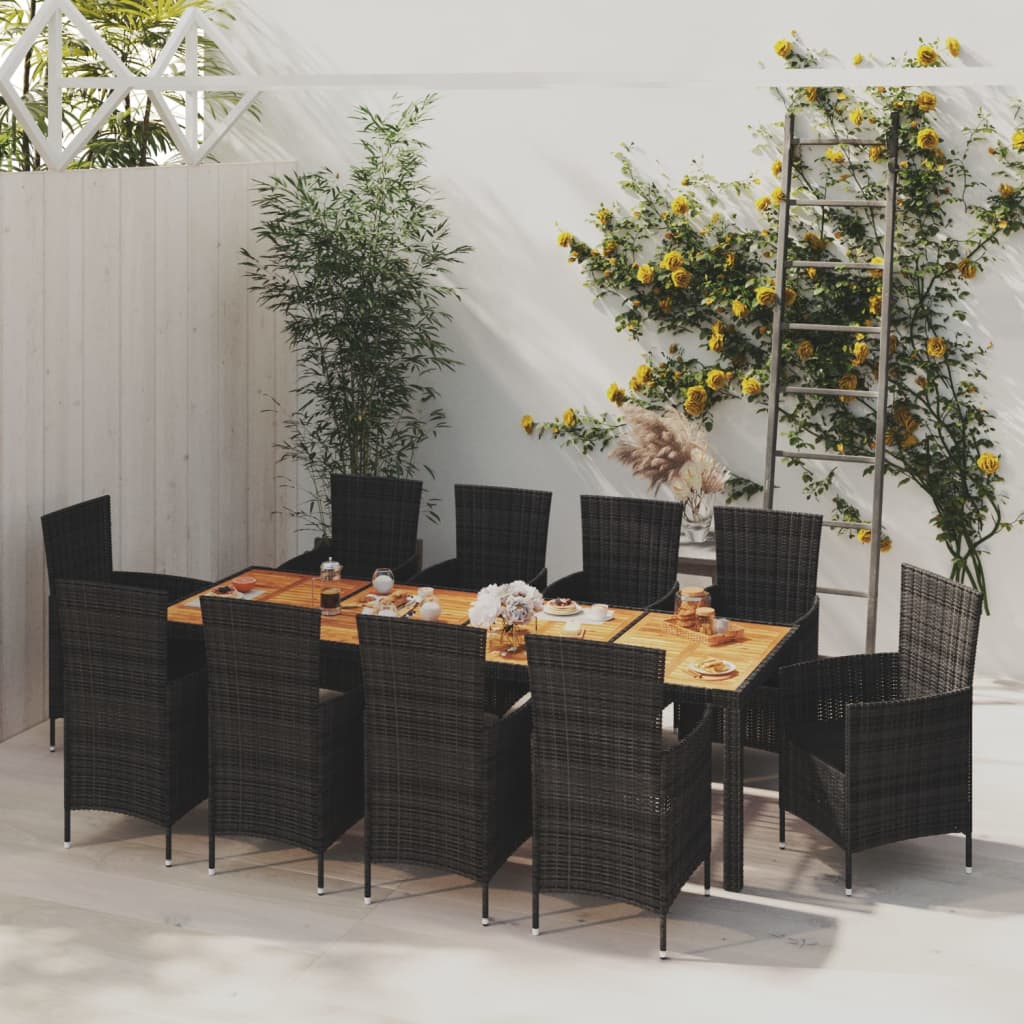 Vetonek Set comedor de jardín 11 piezas y cojines ratán sintético negro