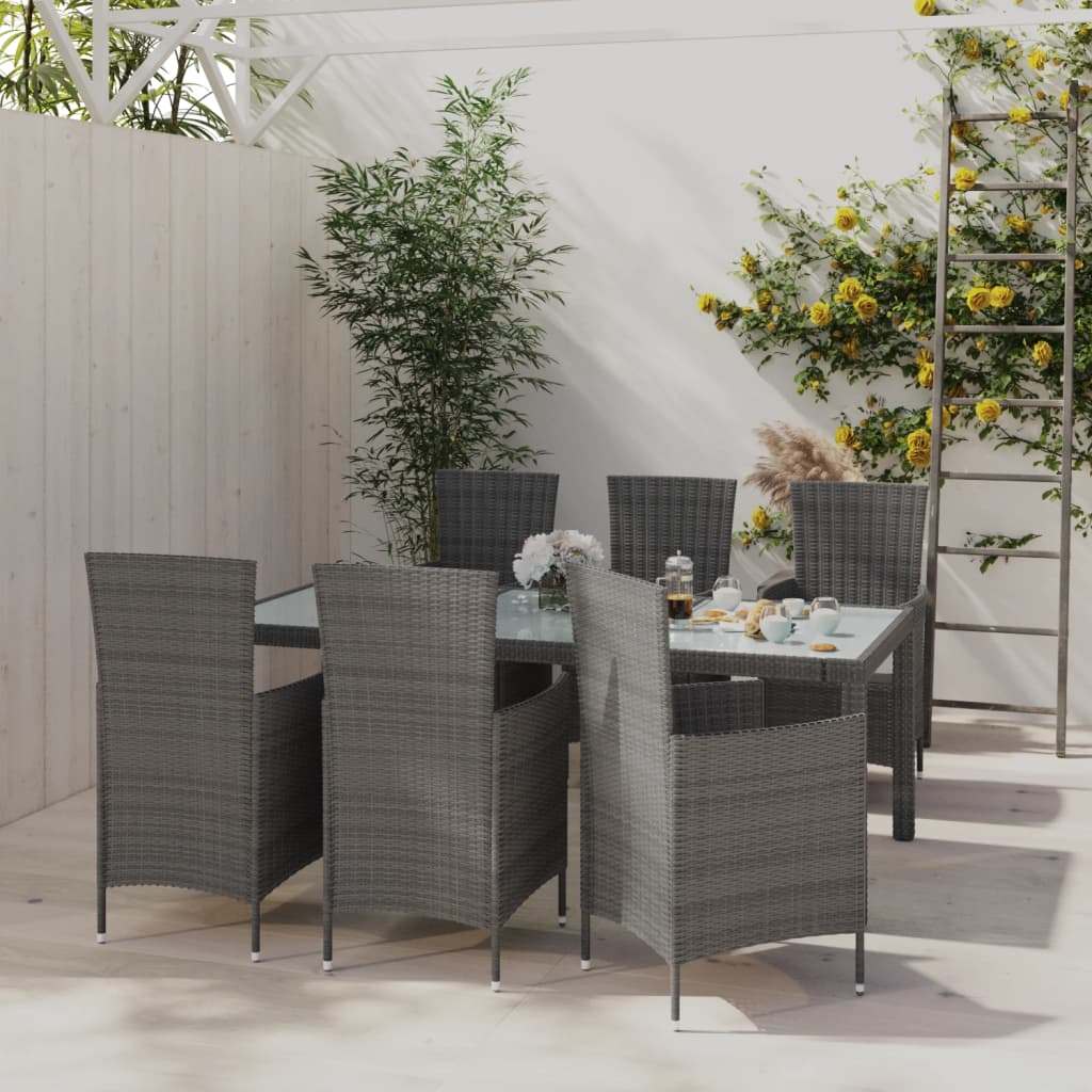 Vetonek Set de comedor de jardín 7 pzas y cojines ratán sintético gris