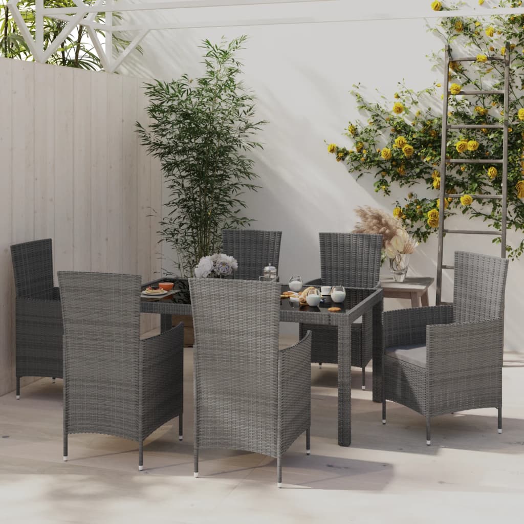 Vetonek Set de comedor de jardín 7 pzas y cojines ratán sintético gris