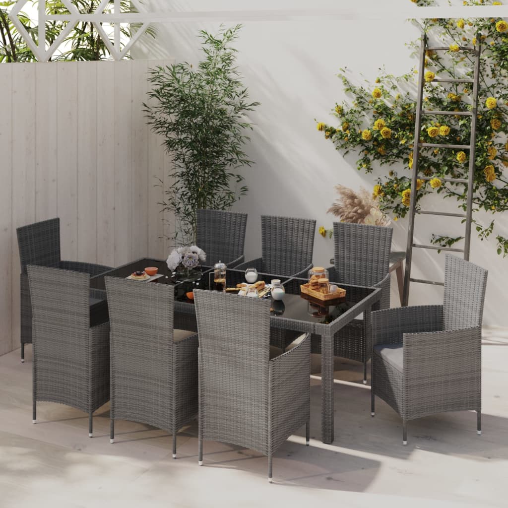 Vetonek Set de comedor de jardín 9 pzas y cojines ratán sintético gris