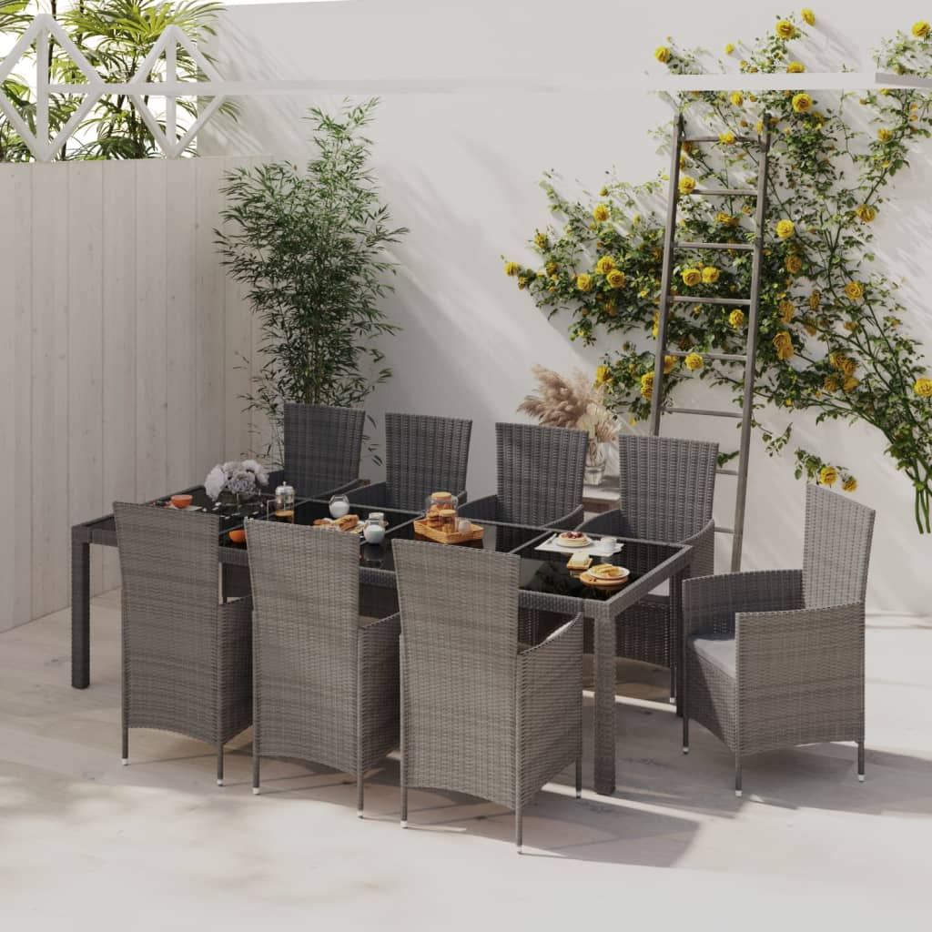 Vetonek Set de comedor de jardín 9 pzas y cojines ratán sintético gris