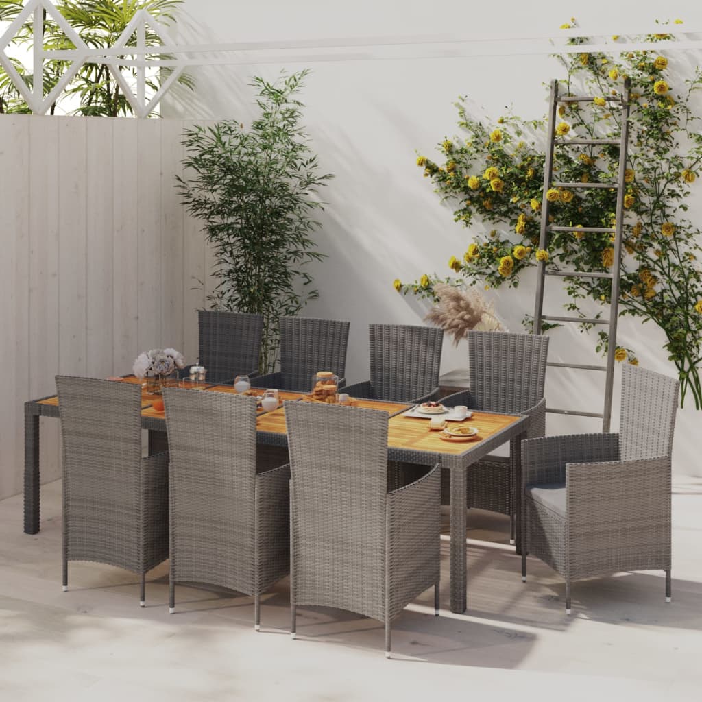 Vetonek Set de comedor de jardín 9 pzas y cojines ratán sintético gris