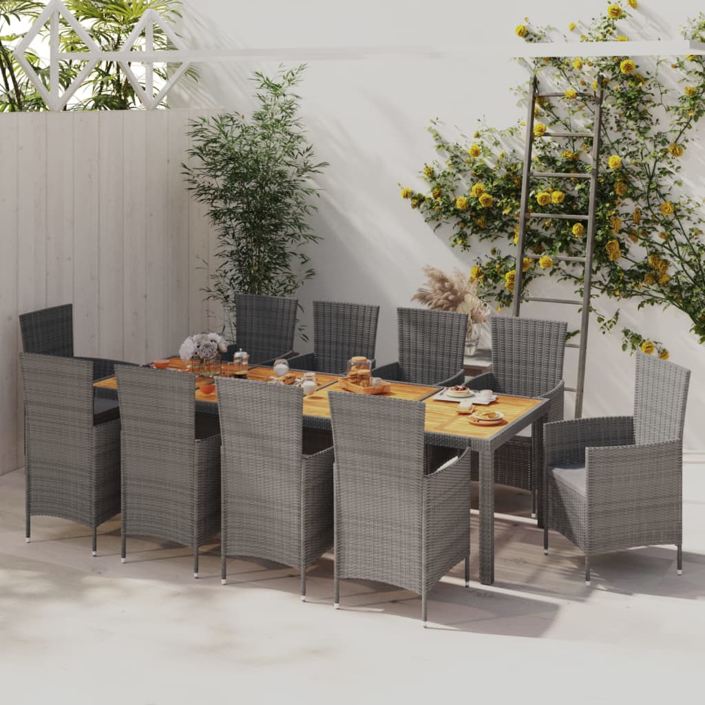 Vetonek Set de comedor de jardín 11 pzas y cojines ratán sintético gris