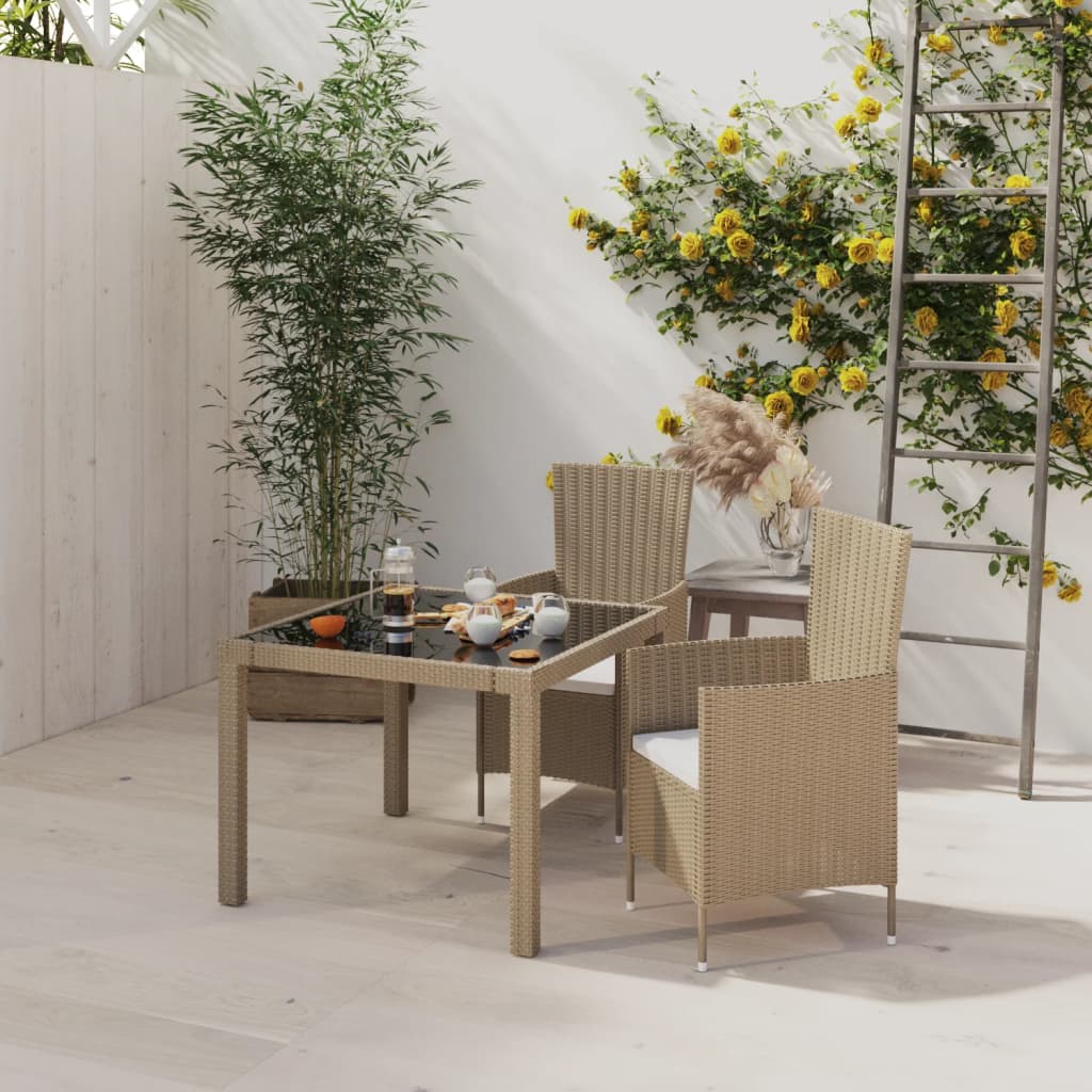 Vetonek Set de comedor de jardín 3 pzas y cojines ratán sintético beige