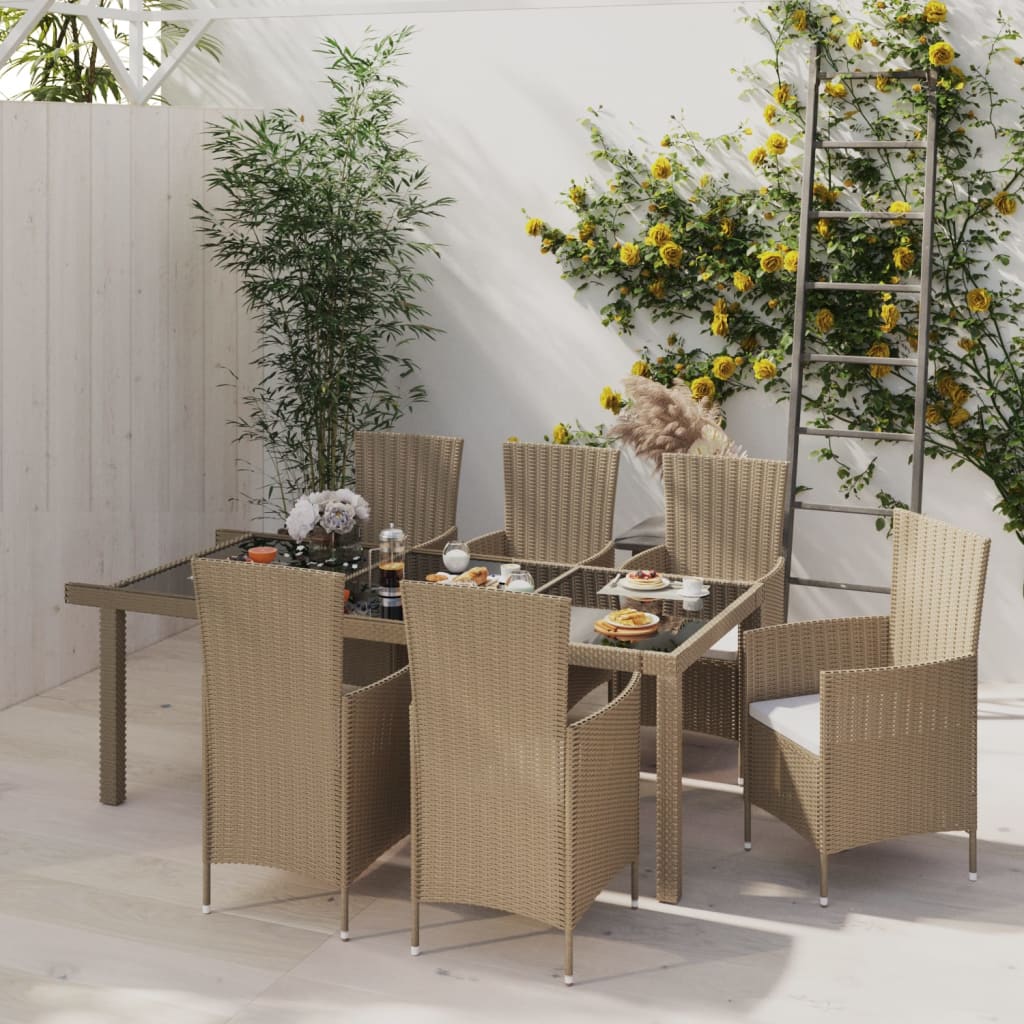 Vetonek Set de comedor de jardín 7 pzas y cojines ratán sintético beige