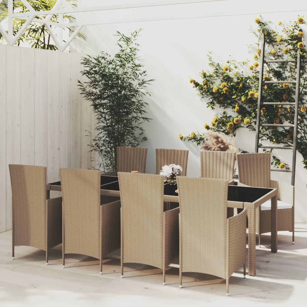 Vetonek Set de comedor de jardín 9 pzas y cojines ratán sintético beige