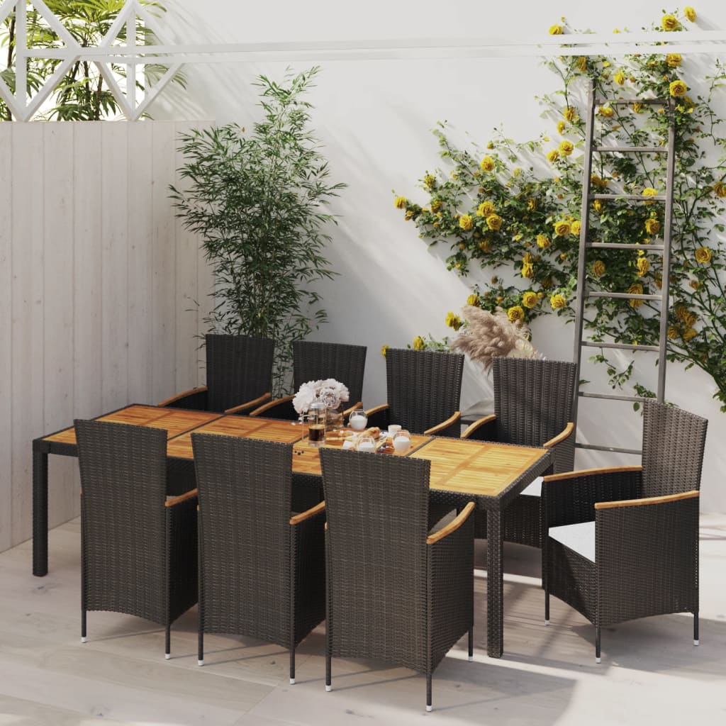 Vetonek Set comedor de jardín 9 piezas y cojines ratán sintético negro