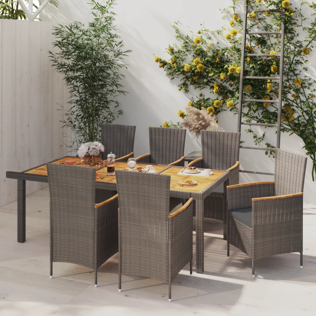 Vetonek Set de comedor de jardín 7 pzas y cojines ratán sintético gris