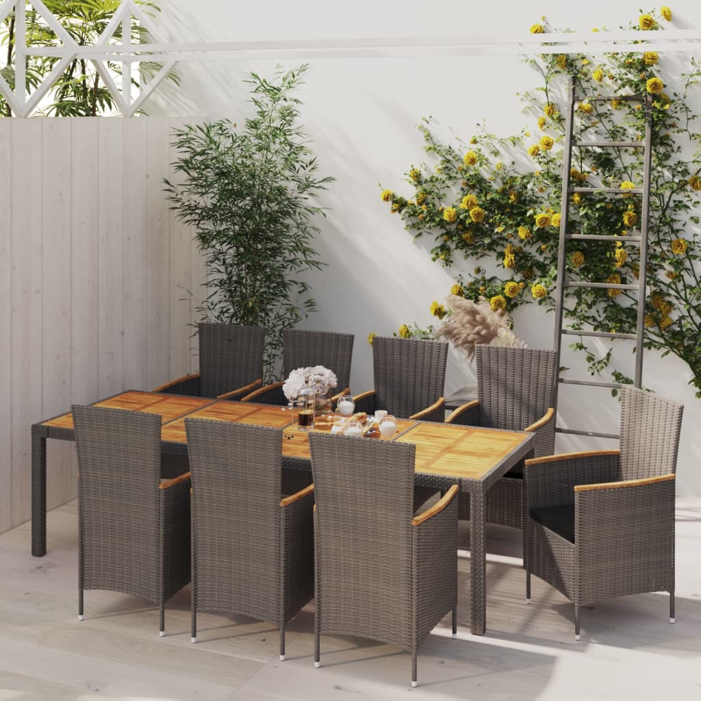 Vetonek Set de comedor de jardín 9 pzas y cojines ratán sintético gris