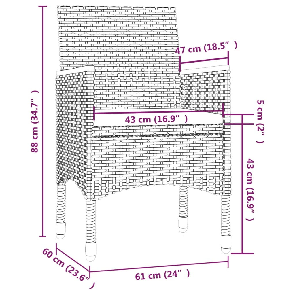 Set de comedor de jardín 3 pzas y cojines ratán sintético negro vidaXL