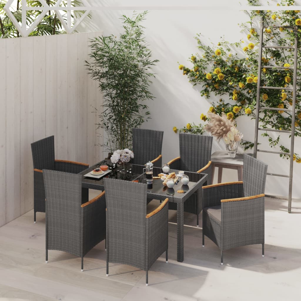 Vetonek Set de comedor jardín 7 pzas cojines ratán sintético negro gris