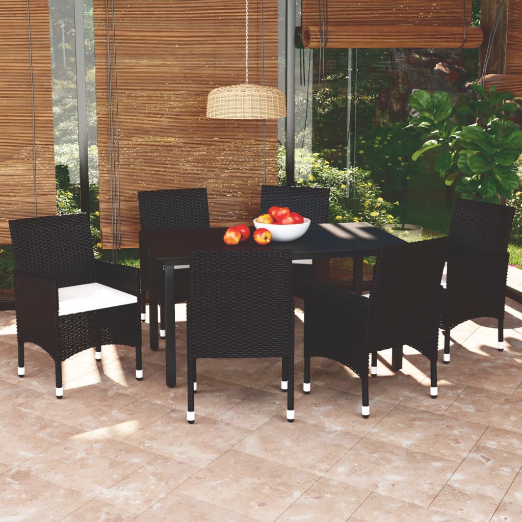 Vetonek Set de comedor de jardín 7 pzas y cojines ratán sintético negro