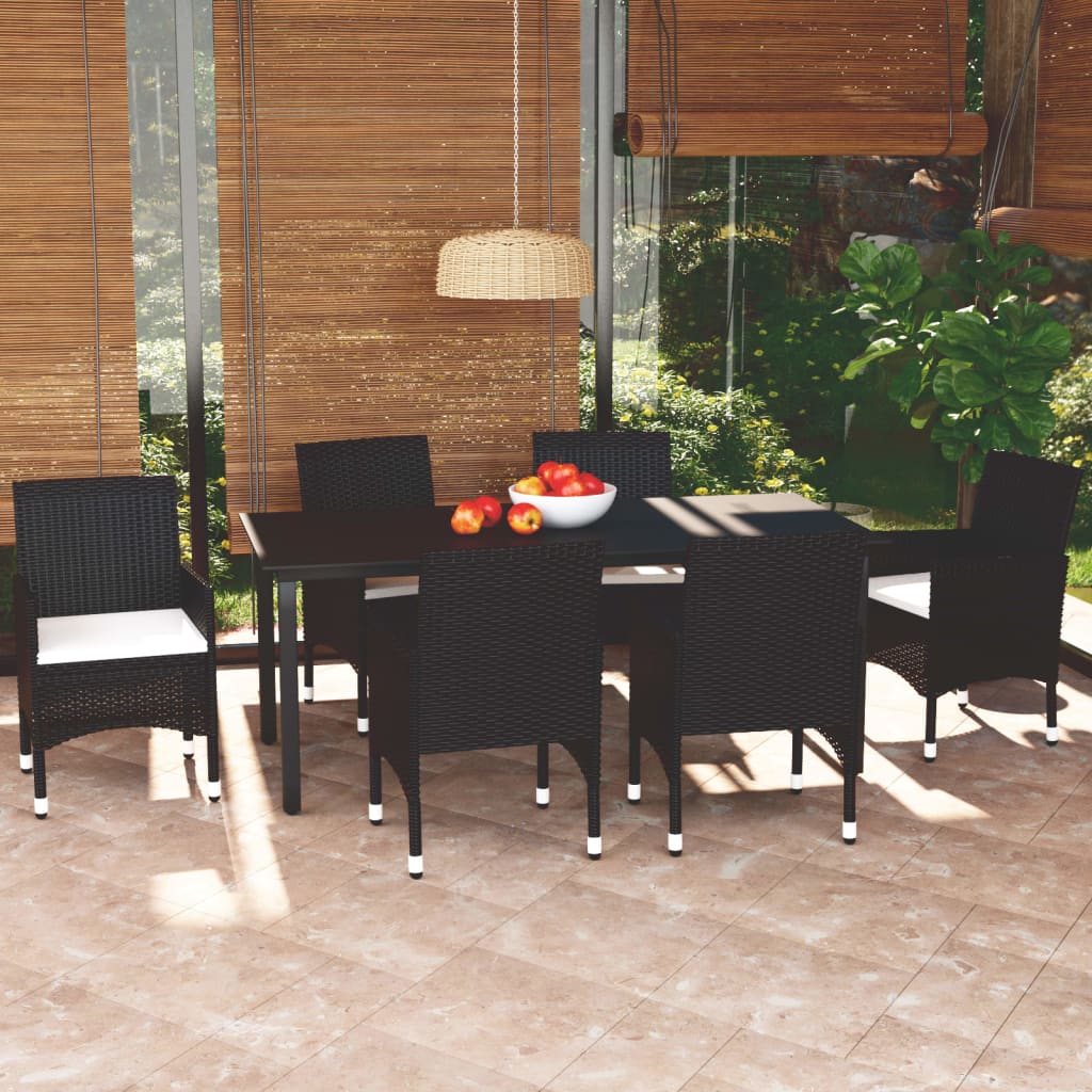 Vetonek Set de comedor de jardín 7 pzas y cojines ratán sintético negro