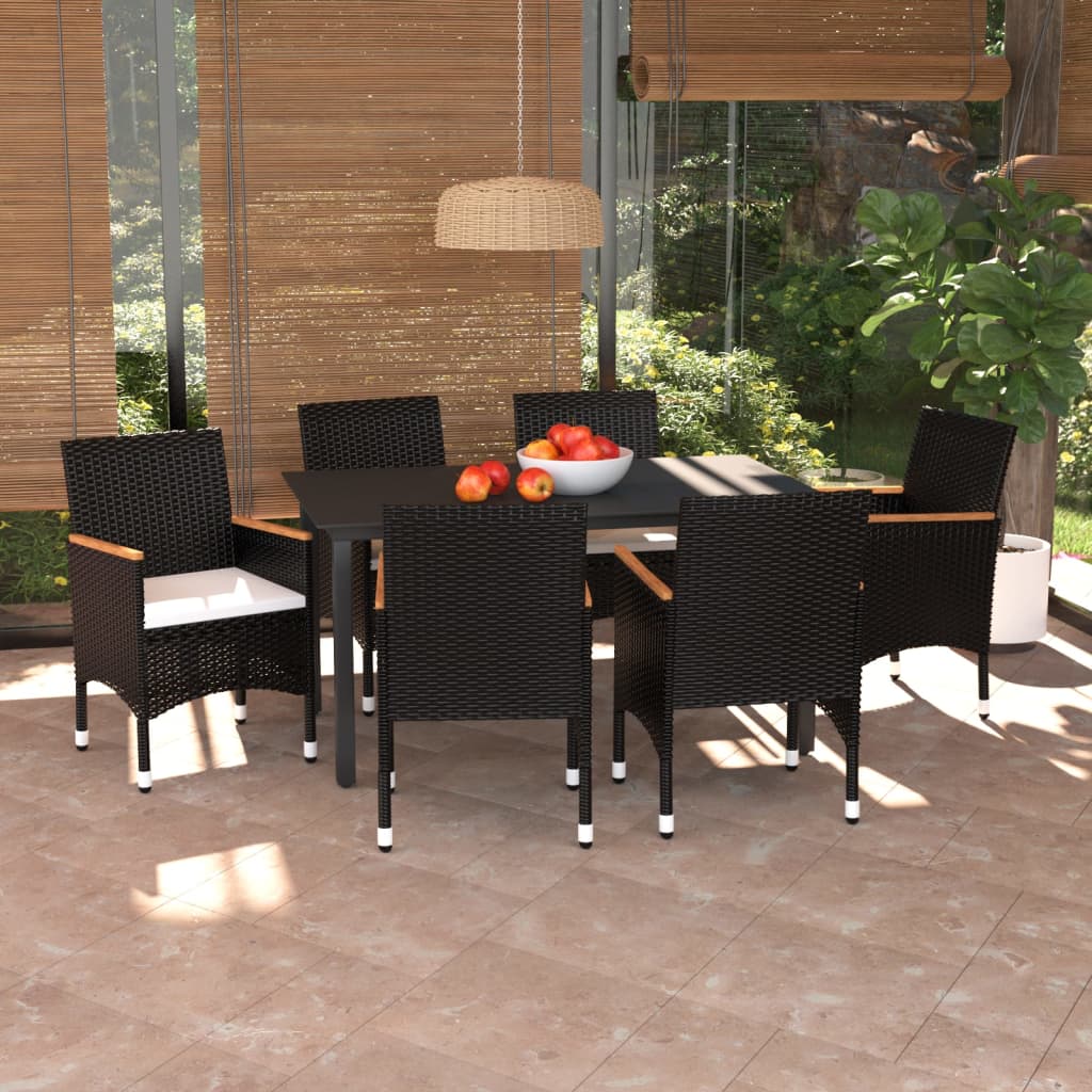 Vetonek Set de comedor de jardín 7 pzas y cojines ratán sintético negro