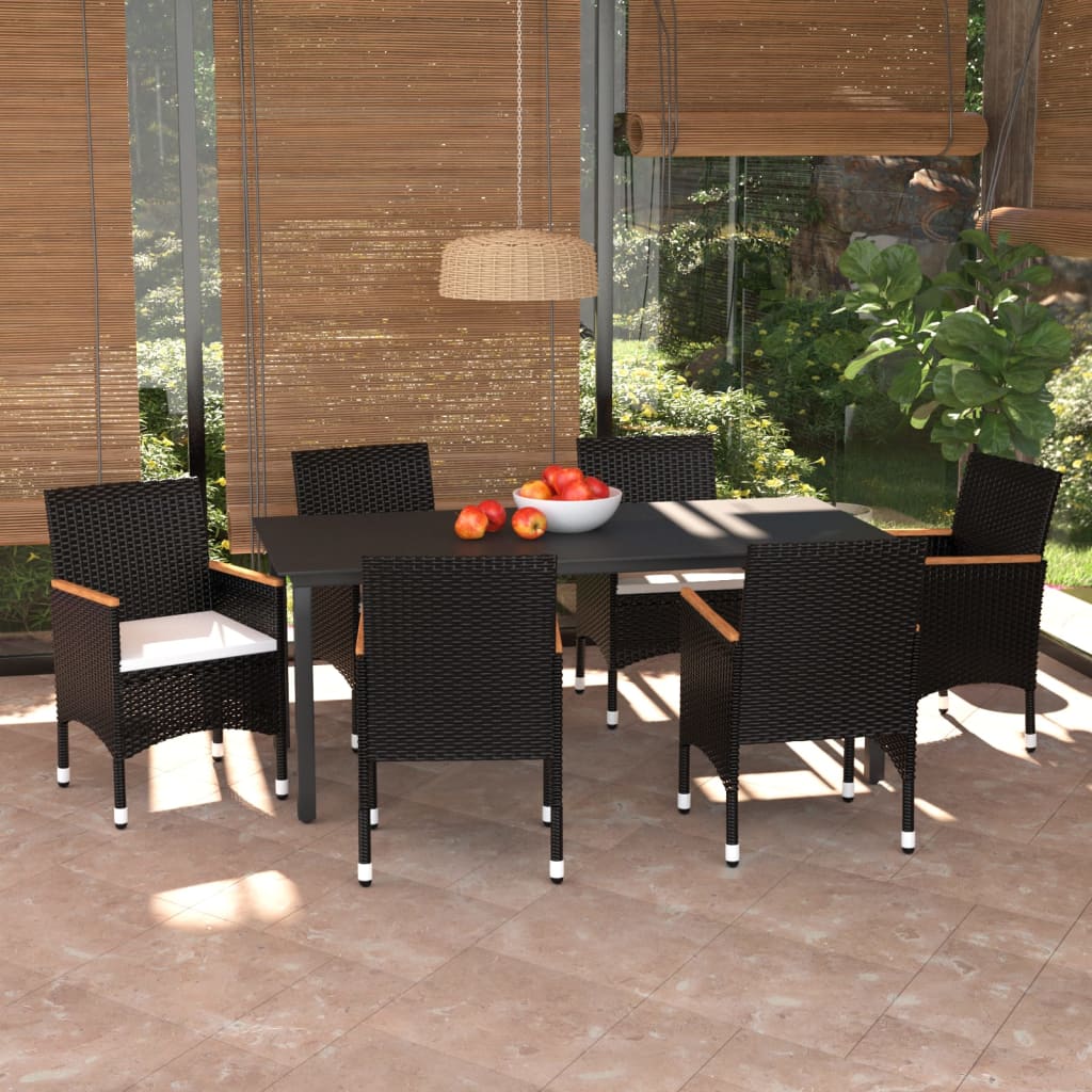 Vetonek Set de comedor de jardín 7 pzas y cojines ratán sintético negro