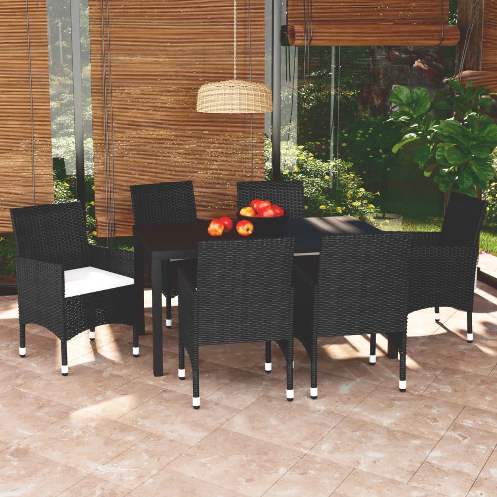 Vetonek Set de comedor de jardín 7 pzas y cojines ratán sintético negro