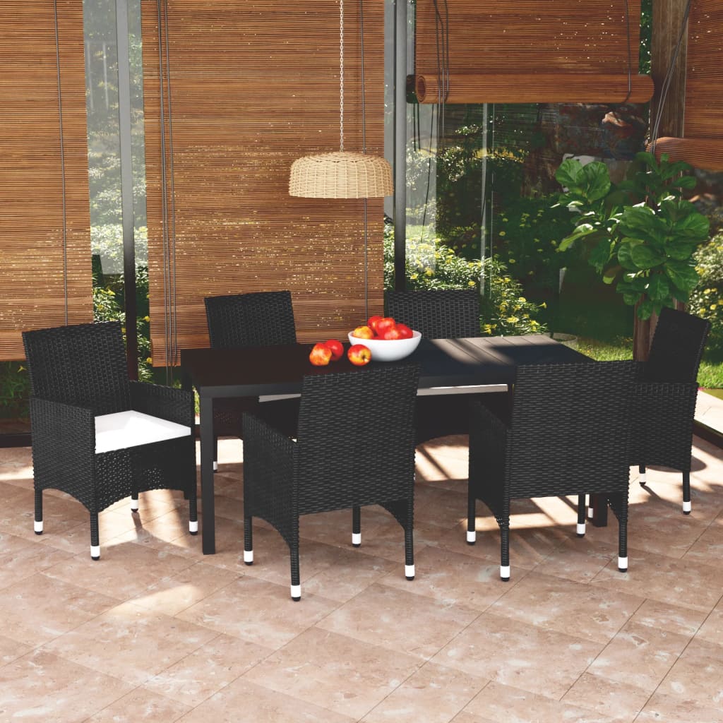 Set de comedor de jardín 7 pzas y cojines ratán sintético negro vidaXL