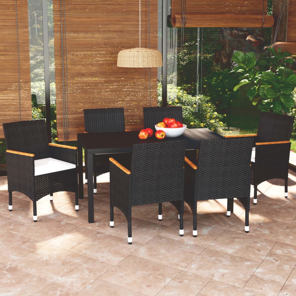 Vetonek Set de comedor de jardín 7 pzas y cojines ratán sintético negro