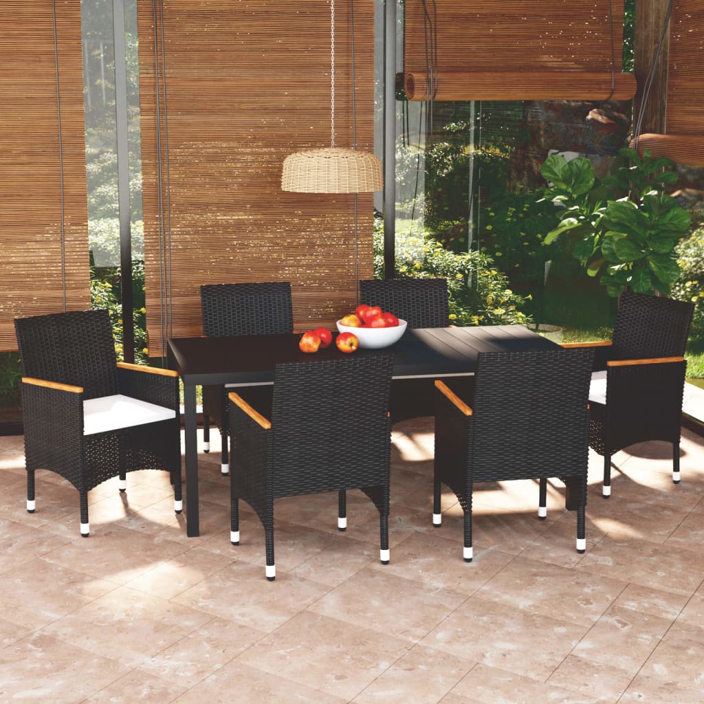 Vetonek Set de comedor de jardín 7 pzas y cojines ratán sintético negro