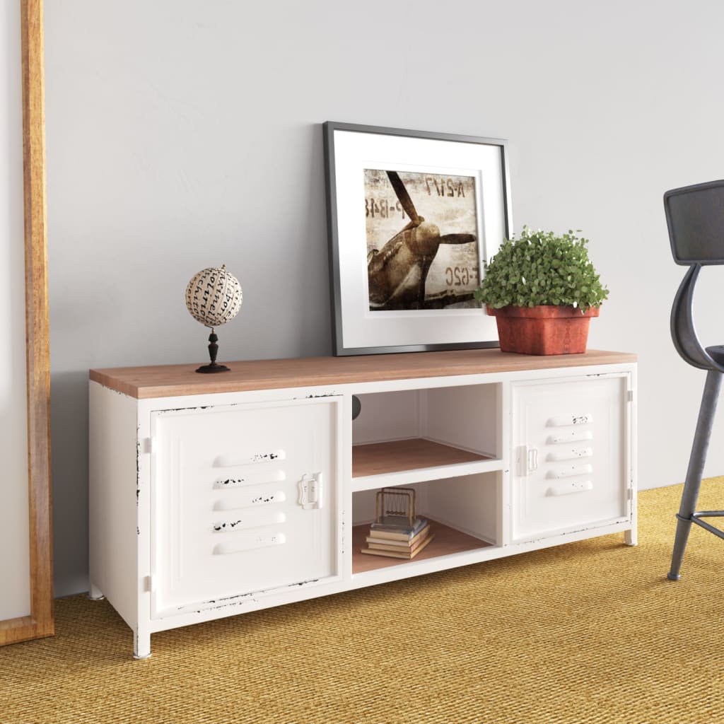 Vetonek Mueble de TV hierro y madera maciza de abeto blanco 110x30x40cm