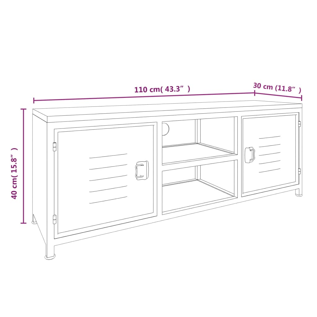 Mueble de TV hierro y madera maciza de abeto blanco 110x30x40cm