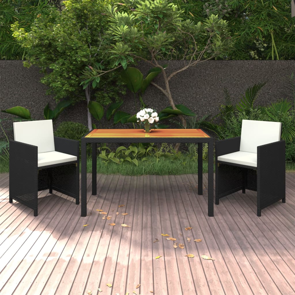 Vetonek Set de comedor de jardín 3 pzas y cojines ratán sintético negro