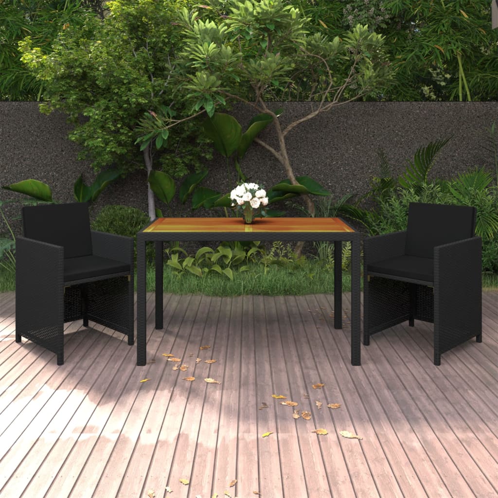 Set comedor de jardín 3 pzas con cojines ratán sintético negro vidaXL