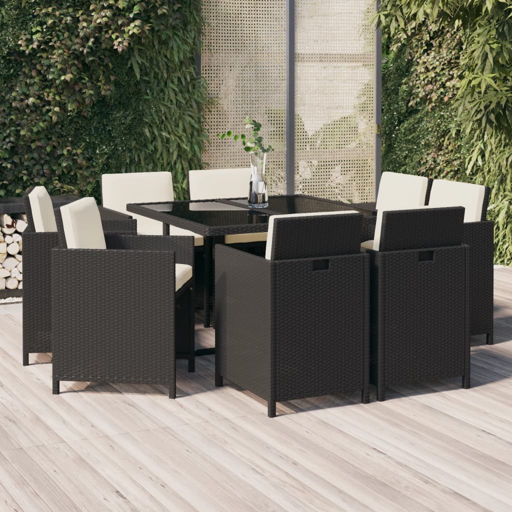 Vetonek Set de comedor de jardín 9 pzas y cojines ratán sintético negro