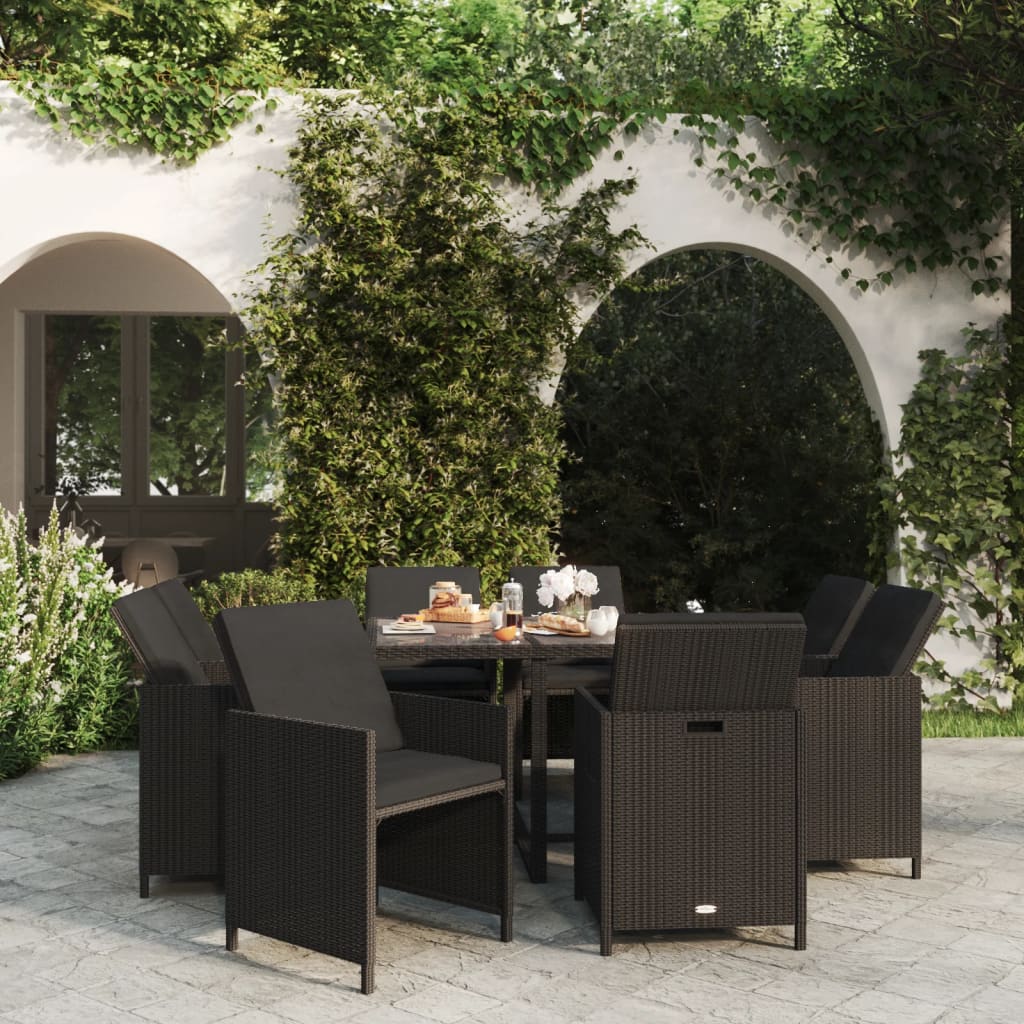 Vetonek Set de comedor de jardín 9 pzas y cojines ratán sintético negro