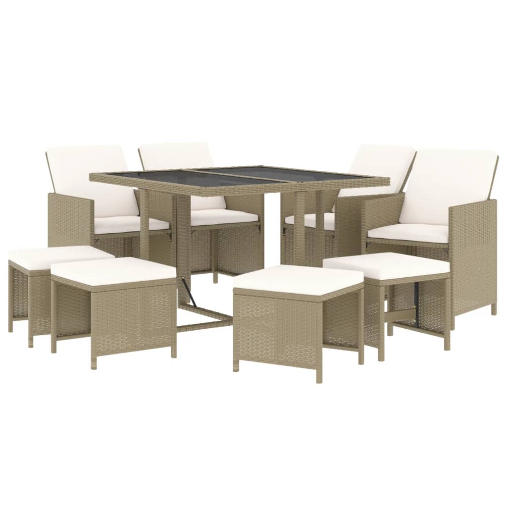 Garden Dining Set 9 Pcs with Beige Synthetic Cushions