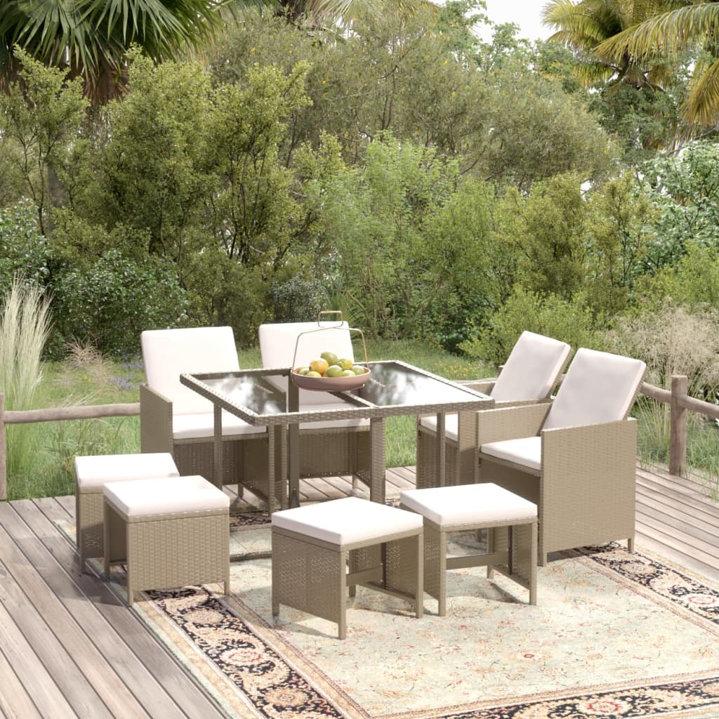 Vetonek Set comedor de jardín 9 pzas con cojines ratán sintético beige