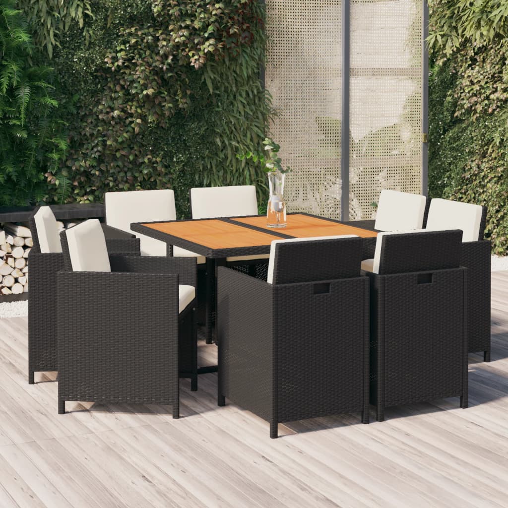 Vetonek Set de comedor de jardín 9 pzas y cojines ratán sintético negro