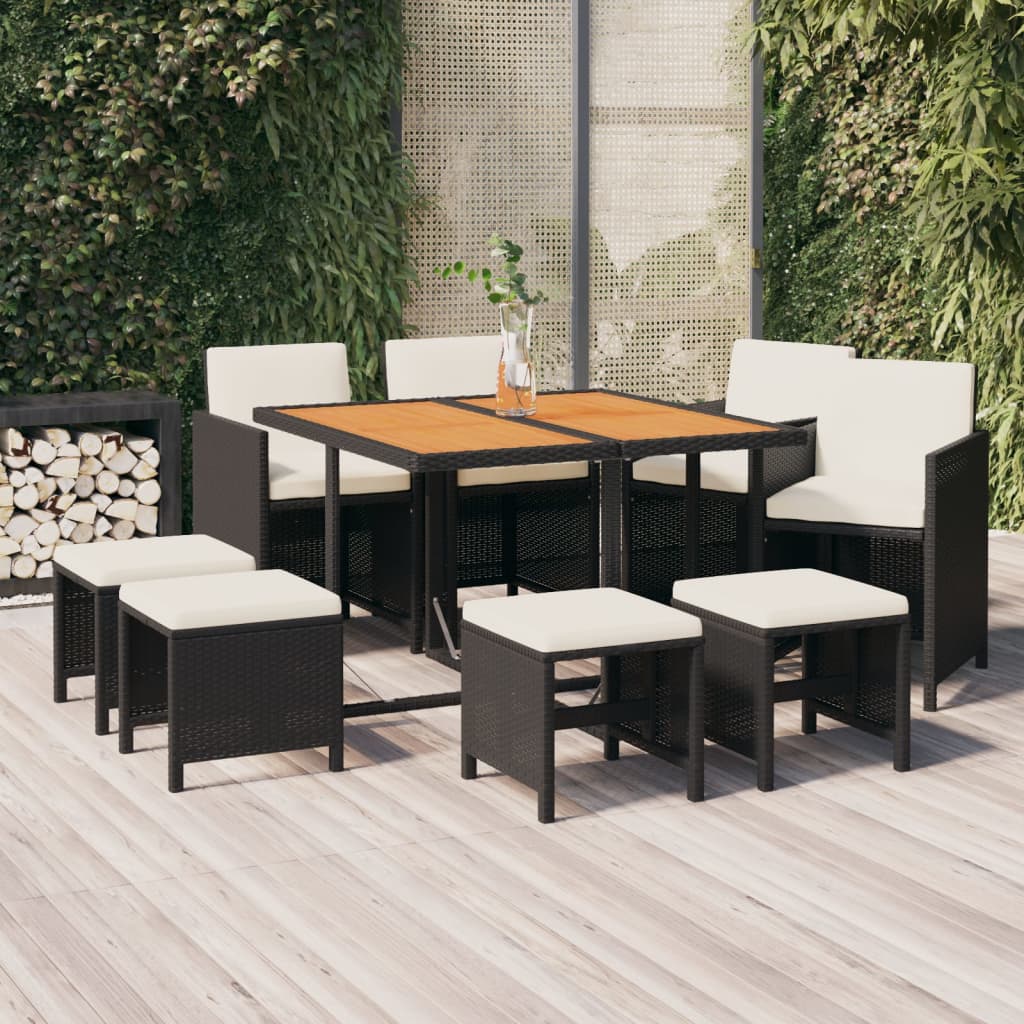 Vetonek Set de comedor de jardín 9 pzas y cojines ratán sintético negro