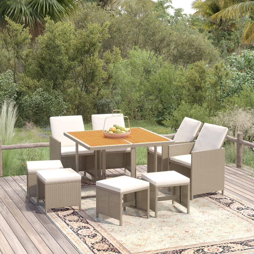 Vetonek Set comedor de jardín 9 pzas con cojines ratán sintético beige