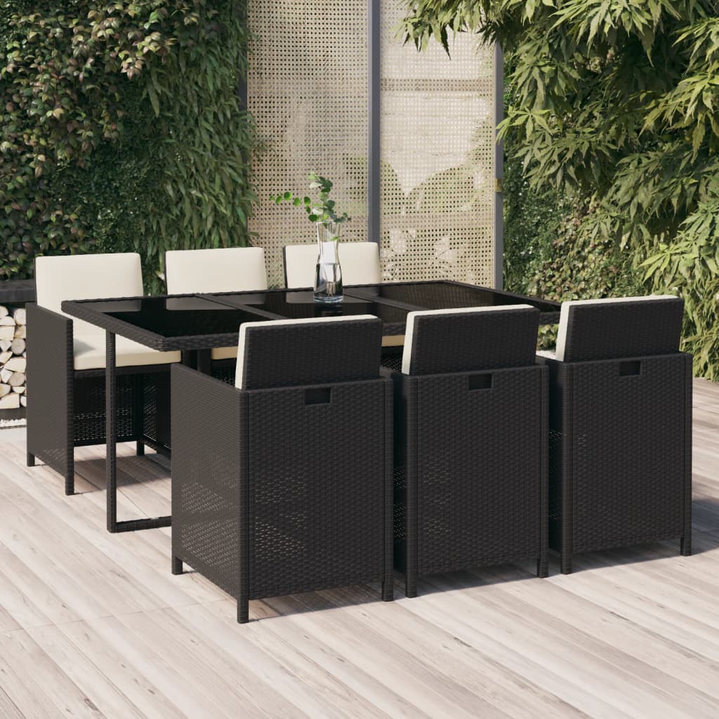 Vetonek Set de comedor de jardín 7 pzas y cojines ratán sintético negro