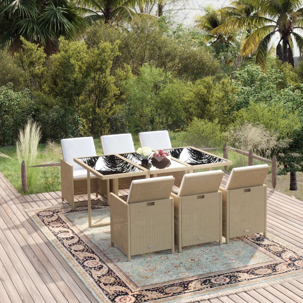 Vetonek Set comedor de jardín 7 pzas con cojines ratán sintético beige