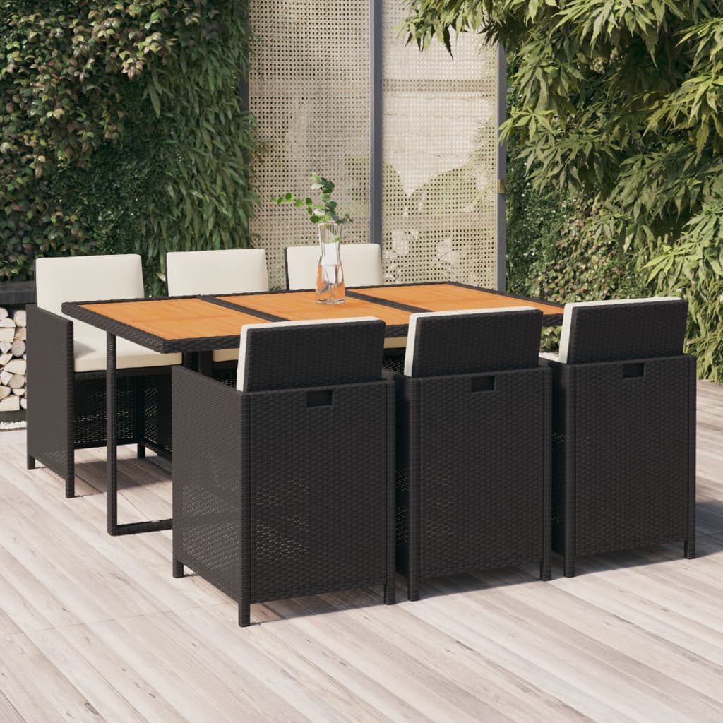 Vetonek Set de comedor de jardín 7 pzas y cojines ratán sintético negro