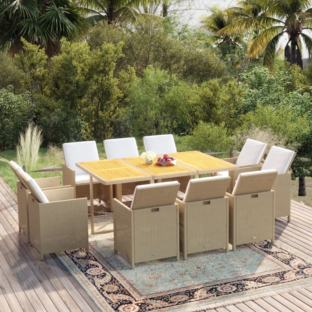 Vetonek Set comedor de jardín 11 piezas y cojines ratán sintético beige