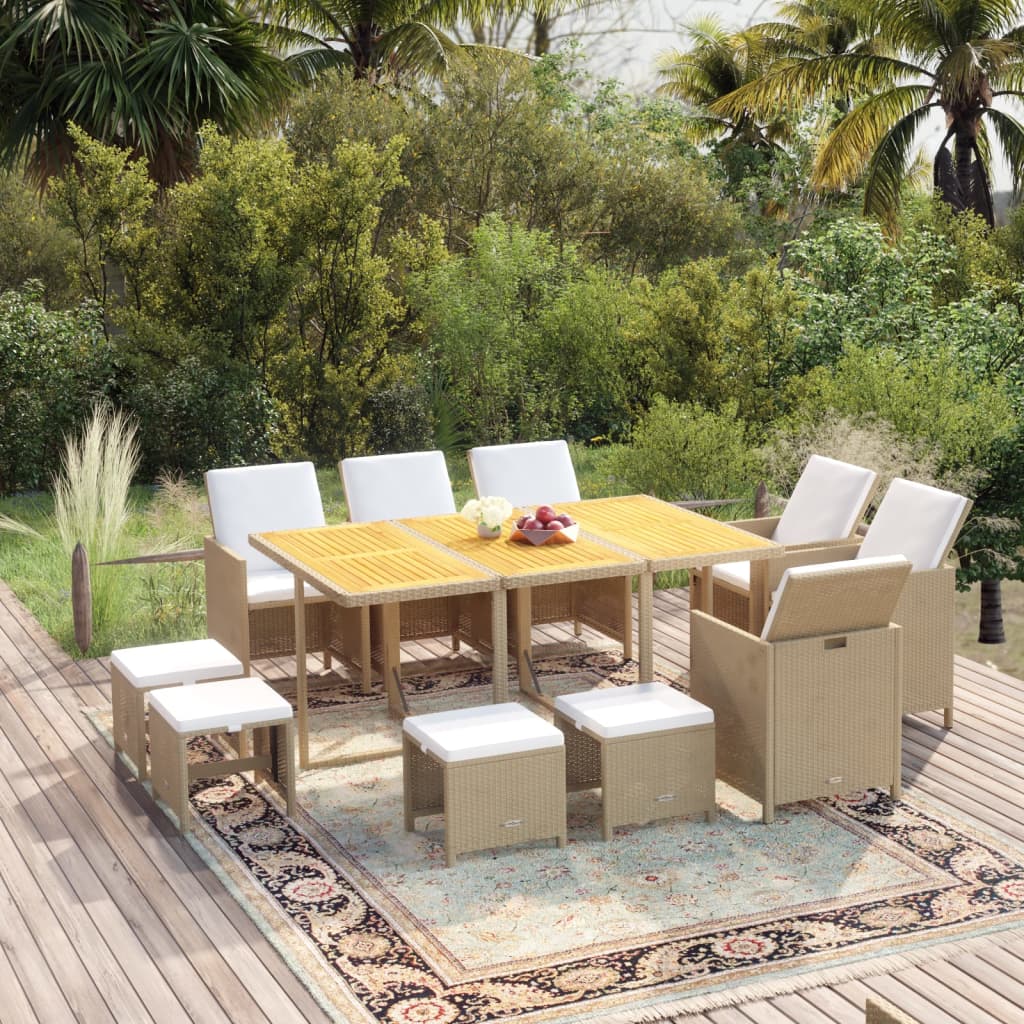 Vetonek Set comedor de jardín 11 piezas y cojines ratán sintético beige