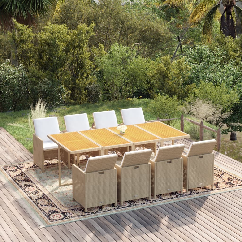 Vetonek Set comedor de jardín 9 pzas con cojines ratán sintético beige