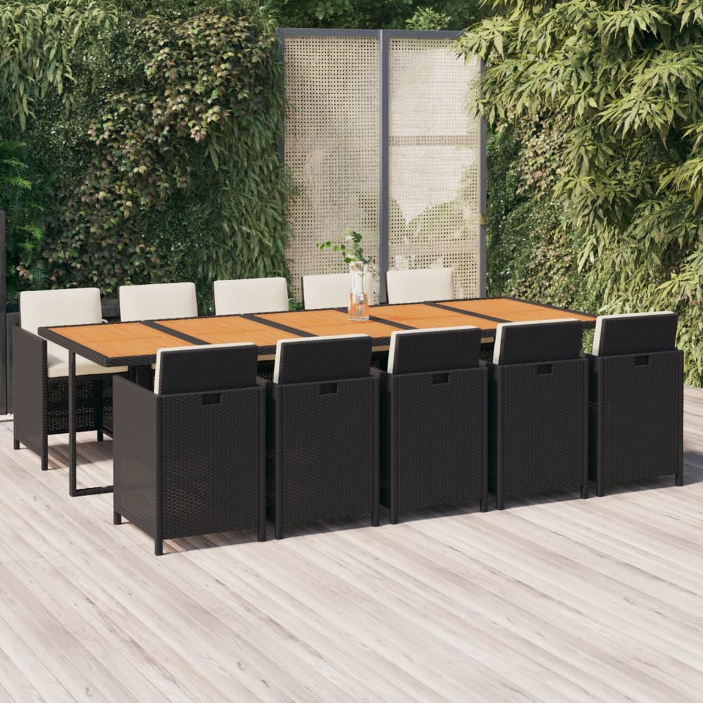 Vetonek Set de comedor jardín 11 pzas con cojines ratán sintético negro