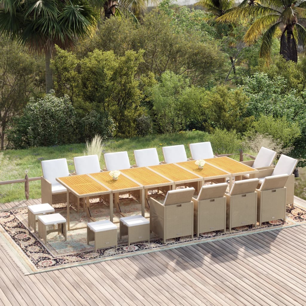 Vetonek Set comedor jardín 17 pzas con cojines ratán sintético beige