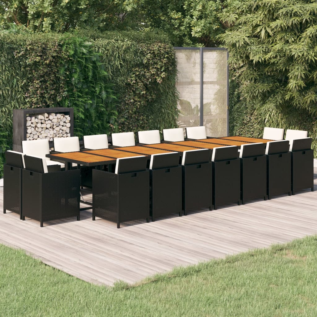 Vetonek Set de comedor jardín 19 pzas con cojines ratán sintético negro