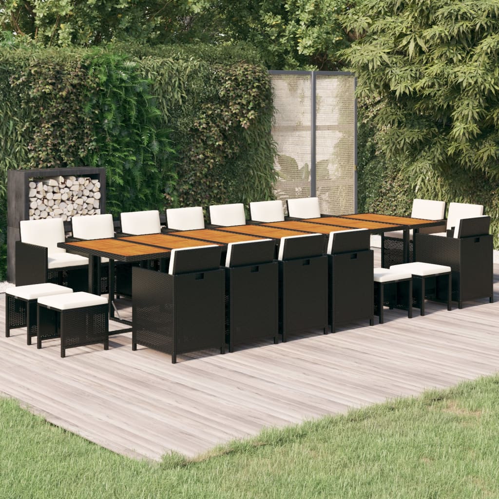 Vetonek Set de comedor jardín 19 pzas con cojines ratán sintético negro